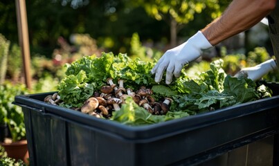 Harvesting Fresh Vegetables in Garden - Peaceful Scene of Hands in White Gloves Picking Greens Out of Bin
