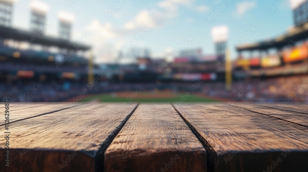 Poster a sharp focus on a wooden table with the blurred outline of a bustling baseball stadium in the backg
