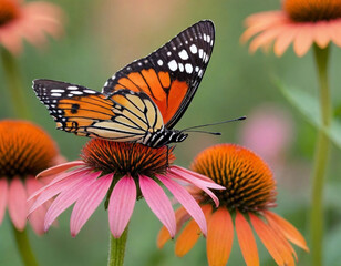 Obraz premium monarch butterfly, vibrant orange wings, black veins, white spots, yellow flowers, green leaves, soft focus background, macro photography, detailed wings, nature close-up, delicate insect, pollinator,