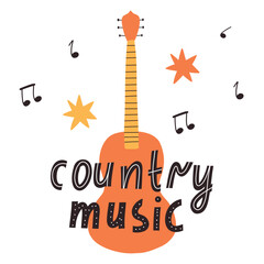 Country music concept. Lettering country music in hand drawn style with guitar. Vector illustration.