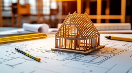 Miniature wooden house model on blueprints with architectural tools on desk in a blurred office construction site background.