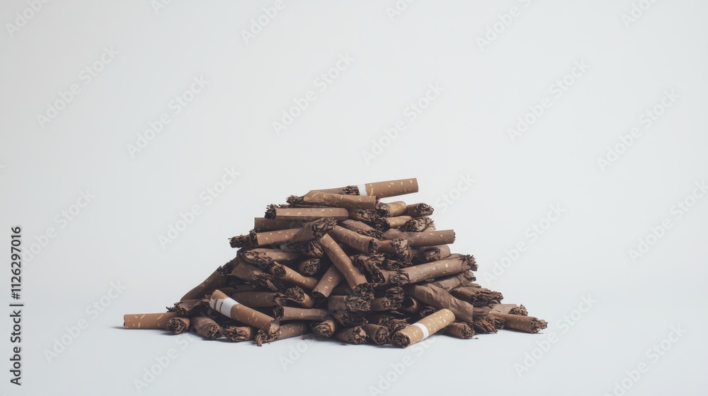 Poster a sharp, side-angle shot of a pile of randomly arranged cigarettes, set against a crisp, white backg