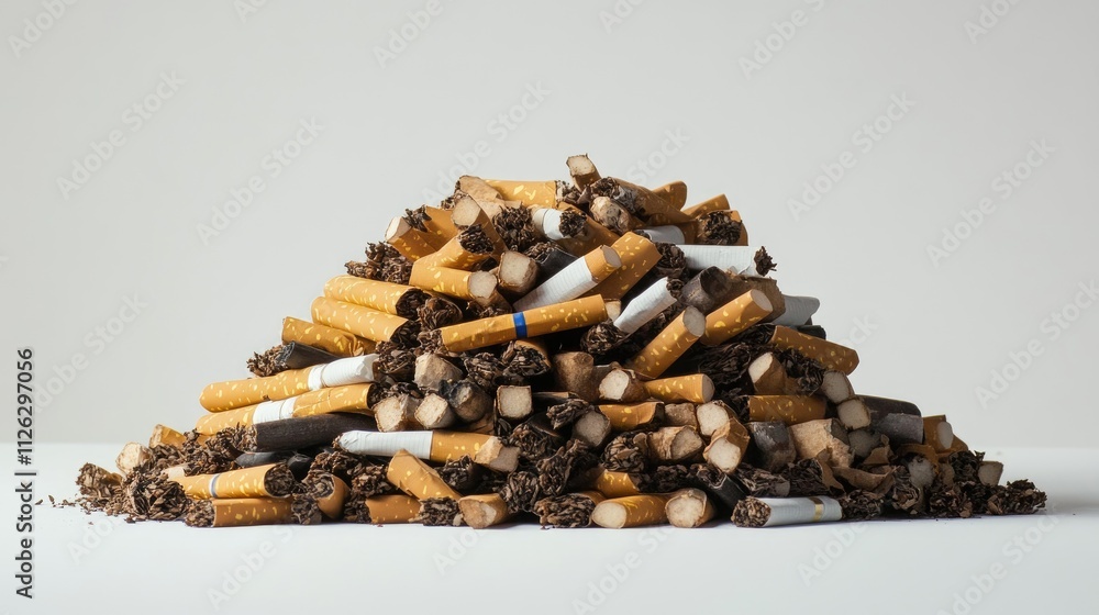 Poster a sharp, side-angle shot of a pile of randomly arranged cigarettes, set against a crisp, white backg
