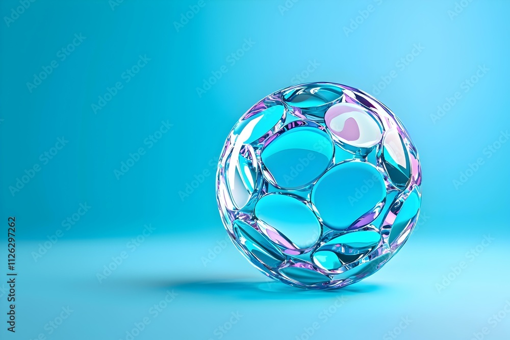 Poster Translucent Sphere, a vibrant glass orb showcasing intricate patterns and colors, reflecting light in a mesmerizing display of artistry.