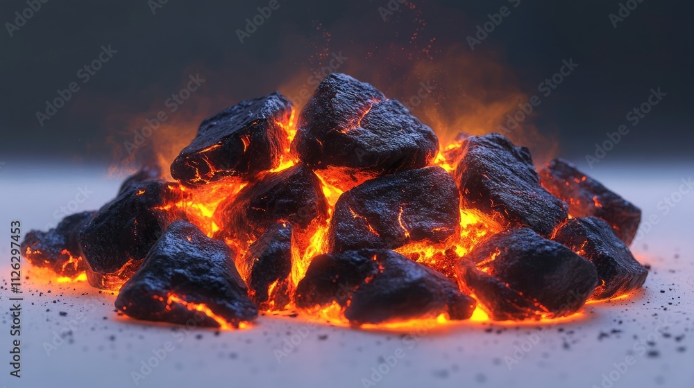 Poster a side view of glowing coals in a compact pile, with bright embers and deep textures, resting on a c