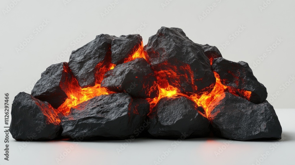 Poster a side view of glowing coals in a compact pile, with bright embers and deep textures, resting on a c