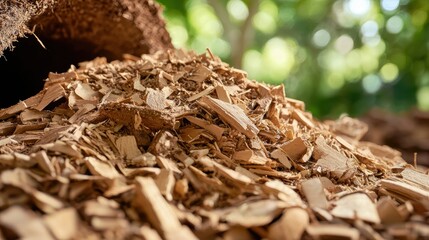 Pile of Natural Wood Chips with Soft Focus in Green Environment