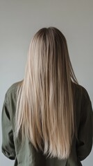 Fototapeta premium Long Blonde Hair: Back view of a woman with long, straight, blonde hair. The hair is healthy and shiny, showcasing its length and texture.