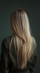 Fototapeta premium Blond Beauty: A woman with long, flowing blonde hair stands with her back to the camera, showcasing the beauty and grace of her long locks.