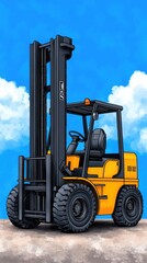 Vibrant Yellow Forklift Against a Bright Blue Sky with Fluffy Clouds in an Industrial Setting