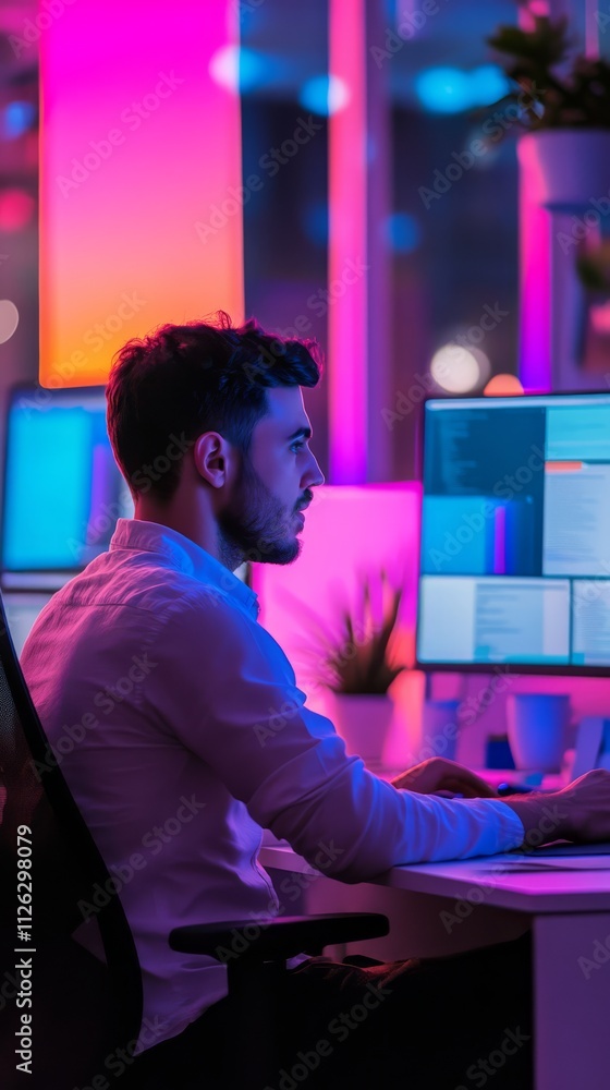 Poster focused on the code: a young programmer, illuminated by vibrant hues, intently analyzes data on mult