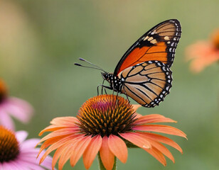 Obraz premium monarch butterfly, vibrant orange wings, black veins, white spots, yellow flowers, green leaves, soft focus background, macro photography, detailed wings, nature close-up, delicate insect, pollinator,
