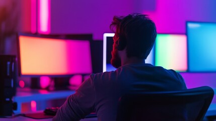 Gamer in the Neon Glow: Immersed in the digital realm, a gamer sits in a vibrant neon-lit room, headphones on, eyes focused on multiple screens.