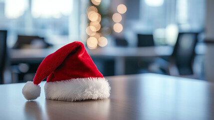 Fototapeta premium Santa hat lying on office desk on winter sunny day