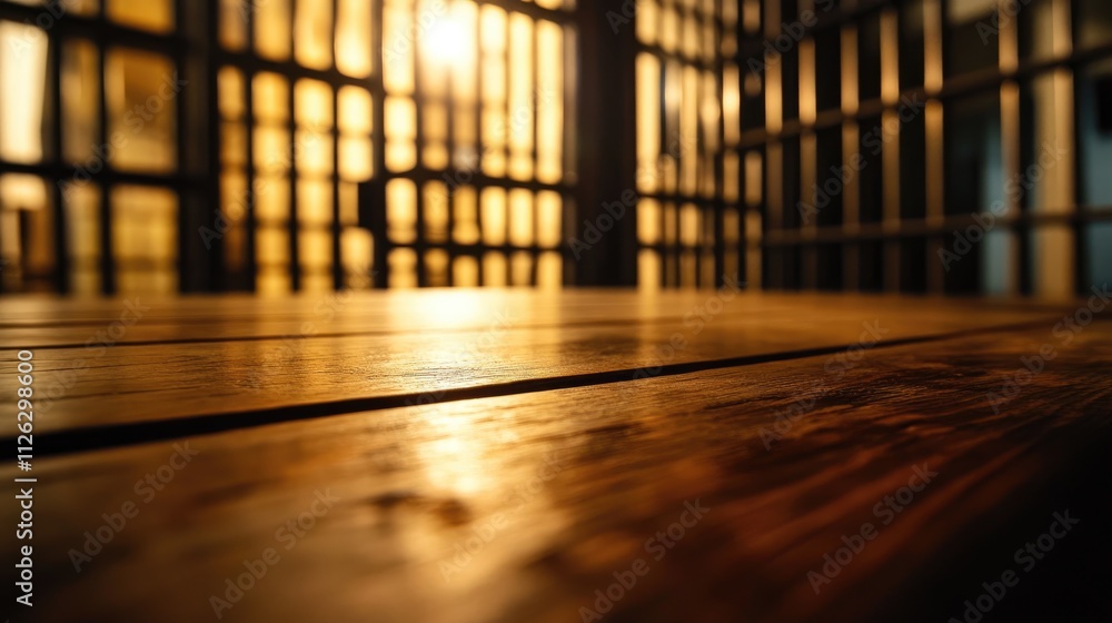 Poster a smooth wooden table sits in the foreground, with a blurred jail in the background, metallic bars a