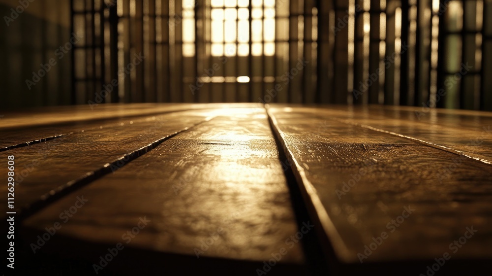 Poster a smooth wooden table sits in the foreground, with a blurred jail in the background, metallic bars a
