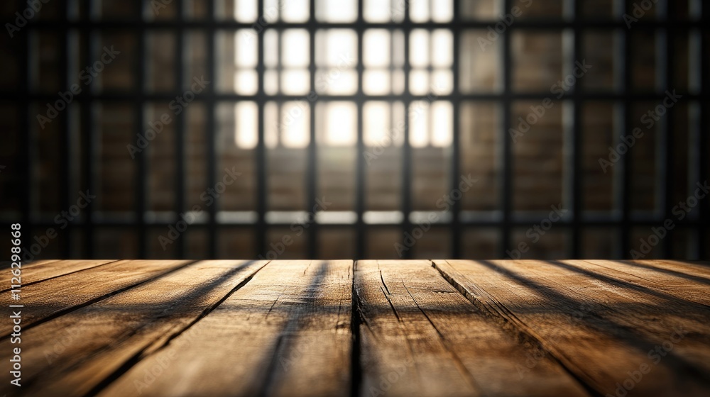 Poster a smooth wooden table sits in the foreground, with a blurred jail in the background, metallic bars a
