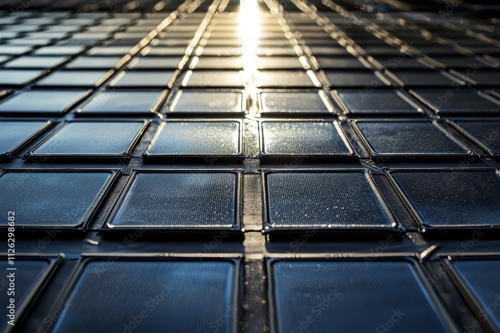 Poster solar panel array with reflections under the setting sun horizon