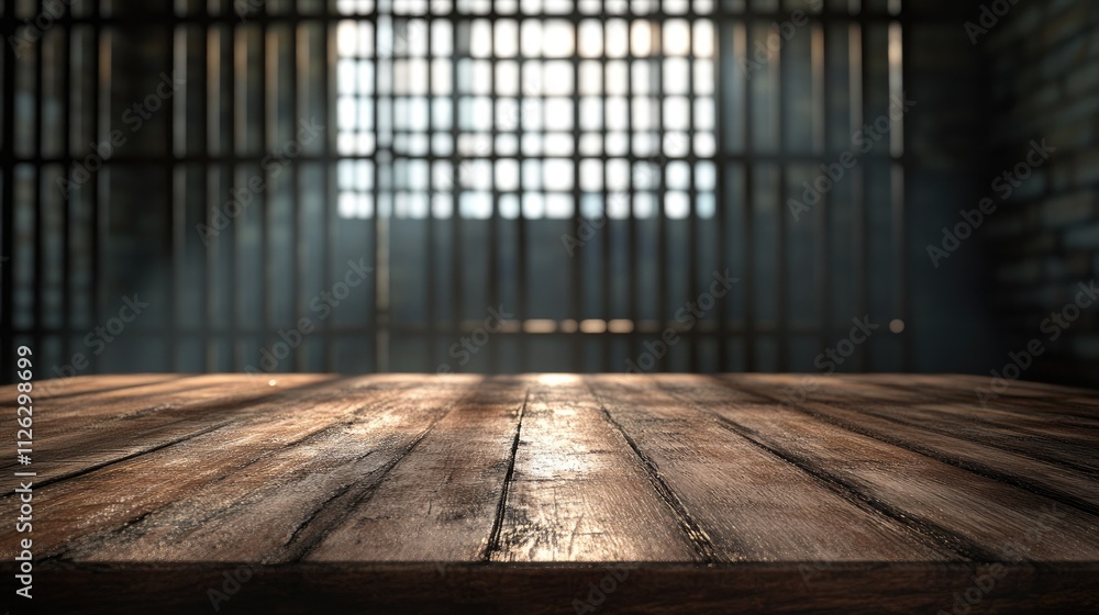 Poster a smooth wooden table sits in the foreground, with a blurred jail in the background, metallic bars a