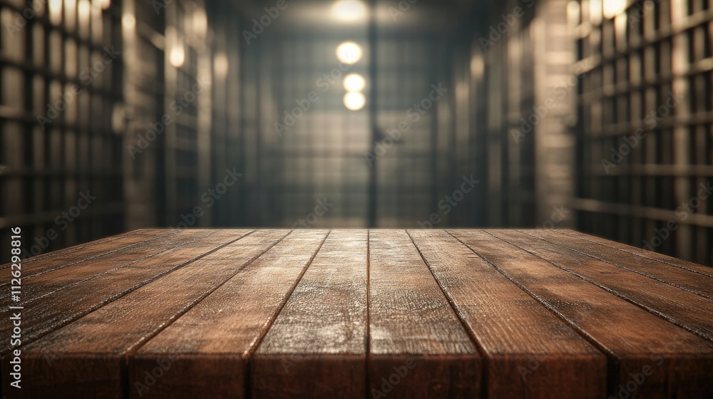 Poster a smooth wooden table stands in the foreground, with a blurred jail in the distance, featuring metal