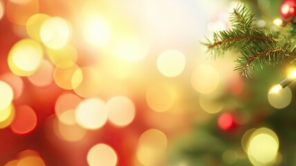 Obraz premium Christmas Tree Branch with Ornaments and Lights, Close-up of a Christmas tree branch with red ornaments and golden bokeh lights, creating a warm and festive ambiance.