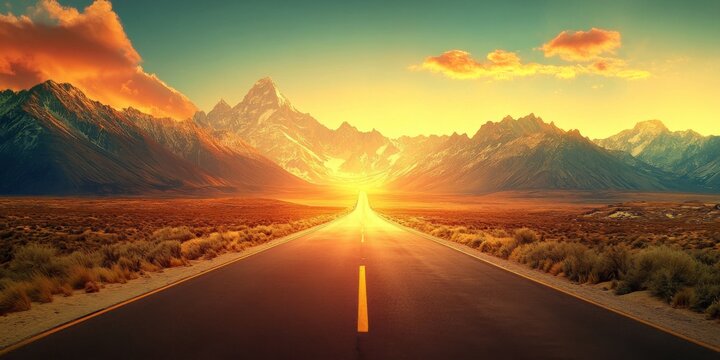 Desert landscape with straight road, snowy mountains, and colorful sunrise/sunset sky, peaceful and serene mood.
