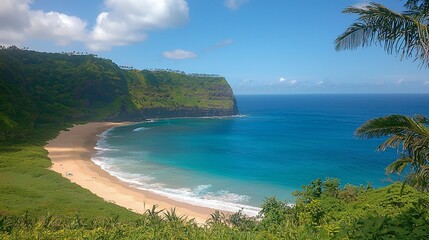 Secluded tropical cove with crescent beach, turquoise water, and lush green cliffs under a partly cloudy sky.