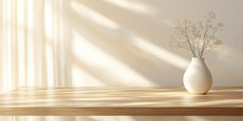 Minimalistic wooden table with white ceramic vase holding a small plant, illuminated by soft sunlight in a serene setting.
