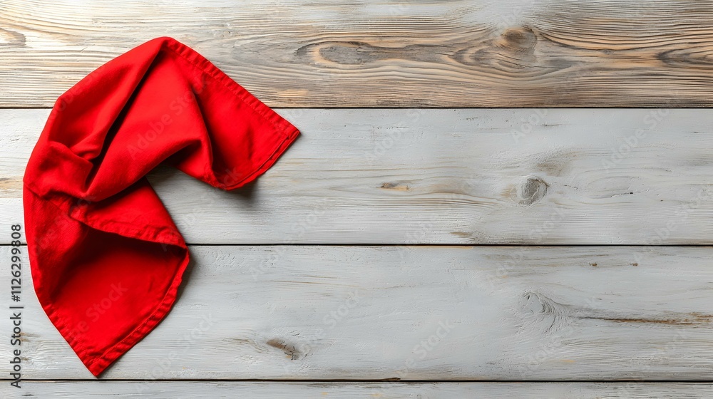 Poster elegant red napkin resting on a rustic wooden desk, creating a vibrant contrast and adding a touch o