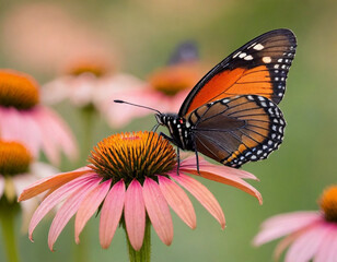 Obraz premium monarch butterfly, vibrant orange wings, black veins, white spots, yellow flowers, green leaves, soft focus background, macro photography, detailed wings, nature close-up, delicate insect, pollinator,