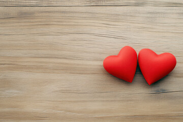 Fototapeta premium Two red hearts on wooden surface create romantic atmosphere for Valentine Day