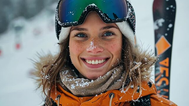  video of smiling woman in ski clothes, ski goggles and helmet on snowy ski slope background, snowboarder, skier, mountain vacation, holiday, girl doing skiing