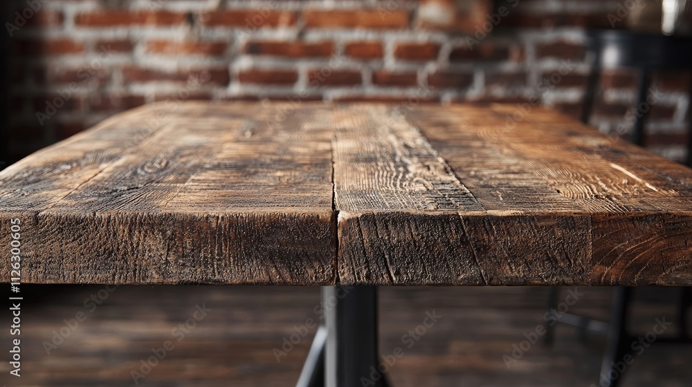 Poster a weathered wooden table's textures captured in detail, with a blurred brick background creating a c