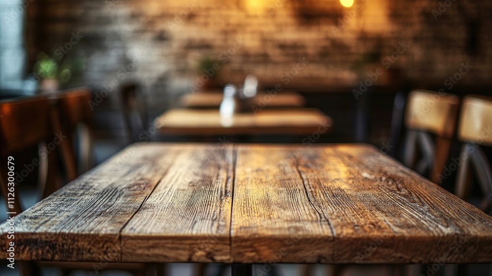 Poster a weathered wooden table's textures captured in detail, with a blurred brick background creating a c