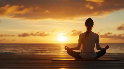 A person meditating at sunrise by the sea, in a tranquil yoga pose, embracing peace and mindfulness.