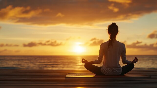 A person meditating at sunrise by the sea, in a tranquil yoga pose, embracing peace and mindfulness. - Powered by Adobe