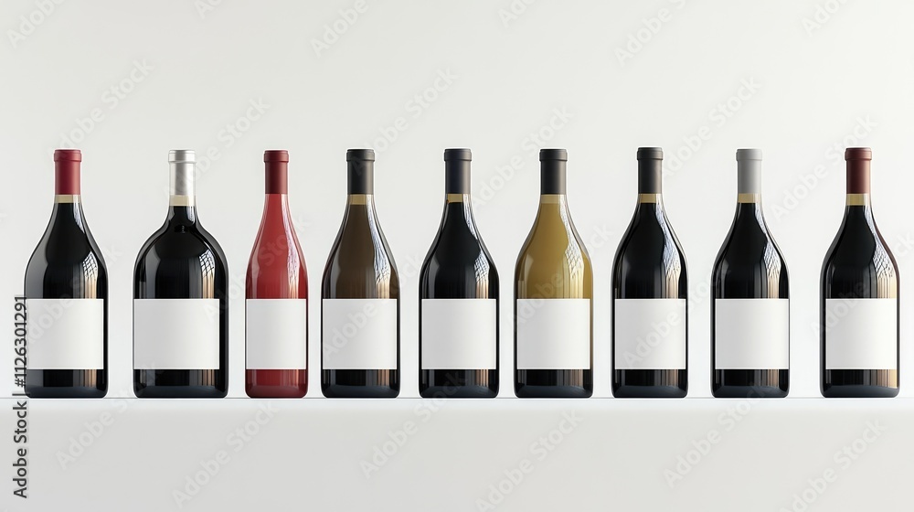 Poster an assortment of red and white wine bottles, each with blank labels, positioned on a white backgroun
