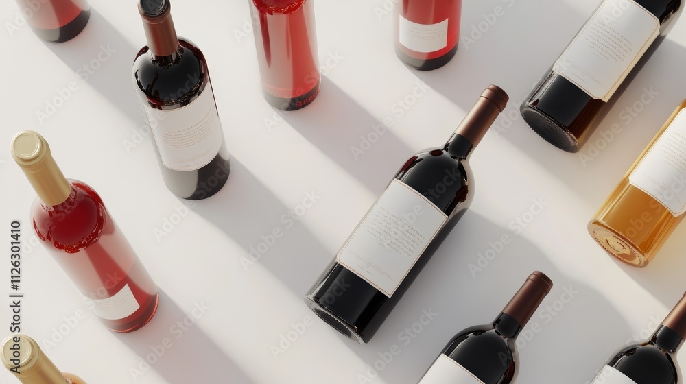Poster An assortment of red and white wine bottles with empty labels, neatly arranged on a white surface, offering an ideal setting for personalized designs.