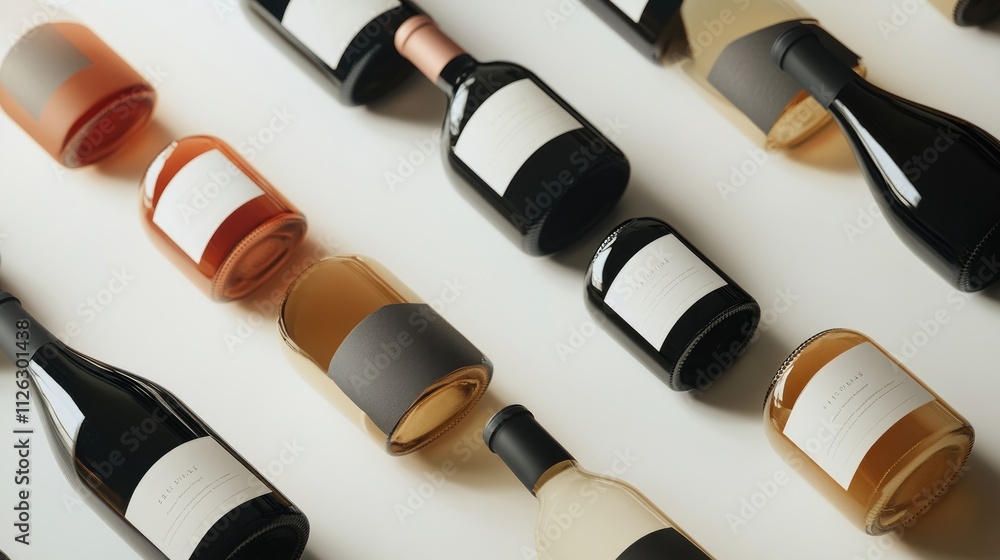 Poster An assortment of red and white wine bottles with empty labels, neatly arranged on a white surface, offering an ideal setting for personalized designs.
