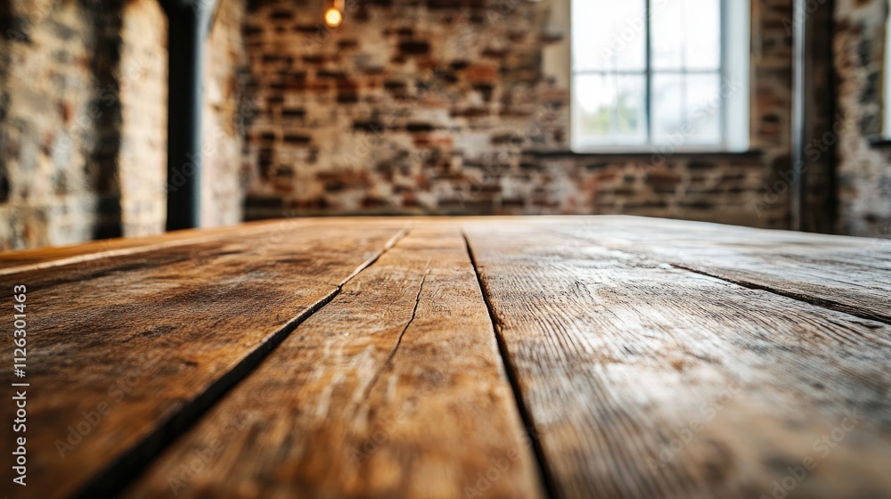 Aufkleber an old wooden table surface in focus, with a blurred rustic brick wall in the background, adding war