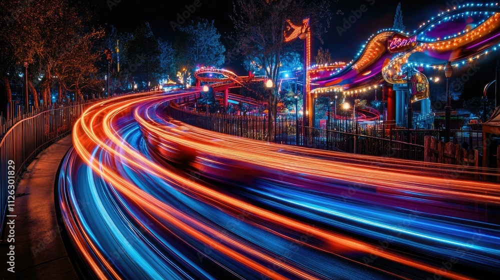 Poster Artistic capture of rollercoaster light trails in full motion, illuminated against a vibrant park setting, creating a dynamic and colorful scene.