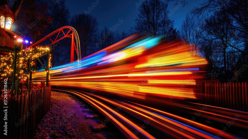 Poster Artistic capture of rollercoaster light trails in full motion, illuminated against a vibrant park setting, creating a dynamic and colorful scene.