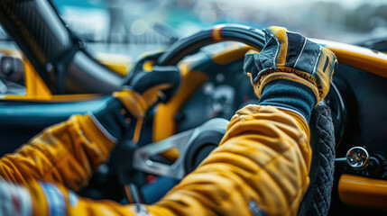 Fototapeta premium The Intense Focus of a Professional Race Car Driver Captured Up Close