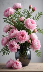 Obraz premium Fresh pink peonies and roses in a vase with branches, branch decoration, table setting, elegant decor