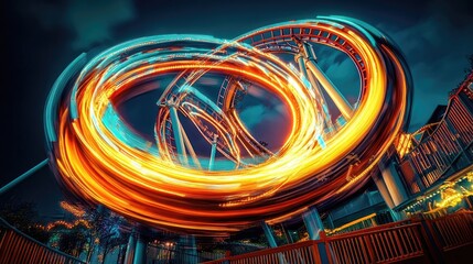 Artistic photograph of rollercoaster light trails captured in full motion, glowing vividly against the backdrop of a vibrant theme park.