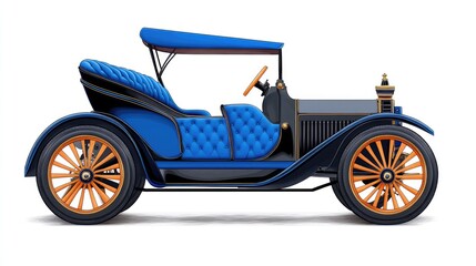 Naklejka premium ** Vintage Blue Classic Car with Wooden Spoke Wheels and Quilted Upholstery Isolated on White Background..**