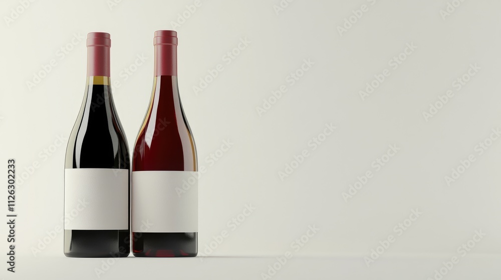 Poster Artistic shot of red and white wine bottles with empty labels, placed elegantly on a clean white backdrop for customizable branding.
