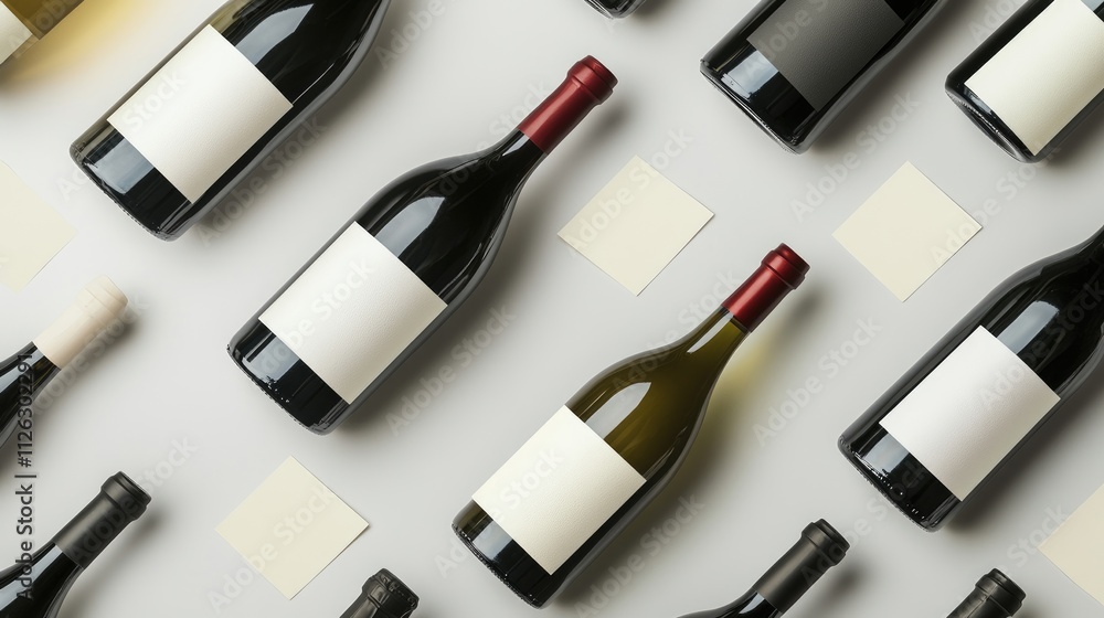 Poster Assorted red and white wine bottles with blank labels, artfully arranged on a white background, ready for text or design customization.