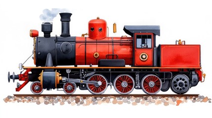 Fototapeta premium Vintage Steam Locomotive Illustration with Red and Black Design on White Background