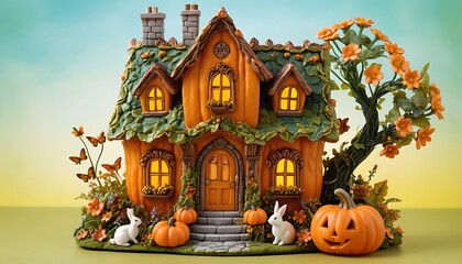 Obraz premium a house with a pumpkin and bunny carved out of it.